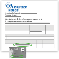 representation d'un courrier d'attestation de droit à l'assurance maladie faisant le lien avec une carte vitale par rapport au numéro d'assuré social