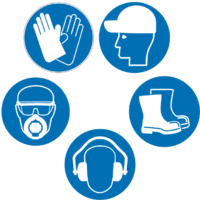 illustrations de l'obligation de port des EPI : gants, casquette coquée, lunettes de protection, masque, chaussures de sécurité, casque antibruit