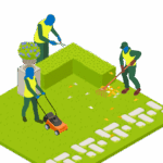 illustration de 3 personnes qui entretiennent un espace vert (taille, tonte, ramassage de feuilles)